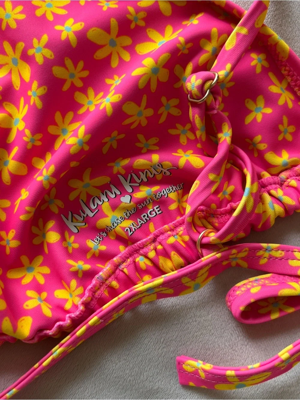 Kulani Kinis Pink Triangle Bikini Top with Yellow Floral Print - 2XL